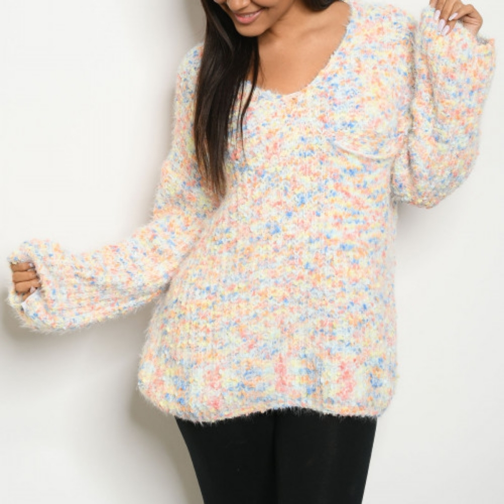 Multi Colored V-neck Fuzzy Sweater - Picture 1 of 2